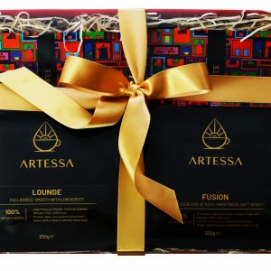 Coffee in Christmas hamper 6 bags of 250g coffee, red box gold ribbon